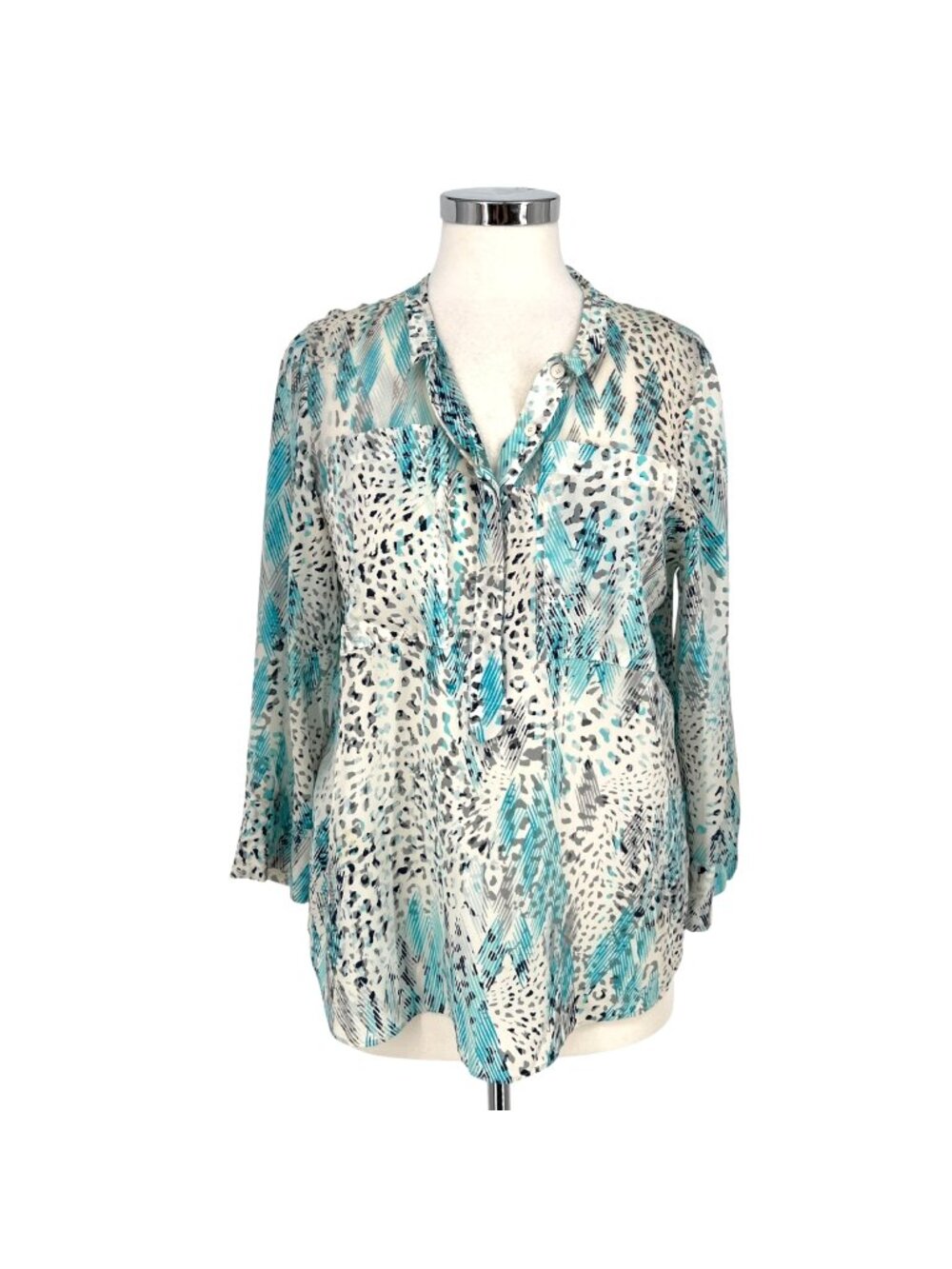 Rebecca Taylor Animal Print Silk Blouse Aqua Blue White Size 10 Boho Chic Luxury